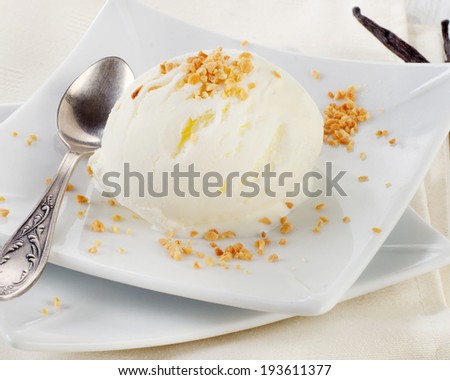 vanilla ice cream on a white plate. selective focus