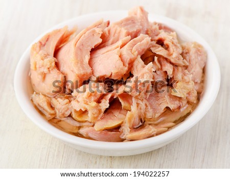 Canned tuna fish in white bowl . Selective focus
