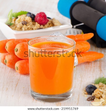 dumbbells with   healthy food and drink. Selective focus