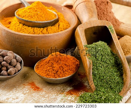 colorful  ground spices on spoons on a wooden background
