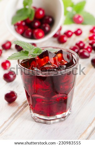 cranberry cocktail with mint on a white wooden background. Selective focus