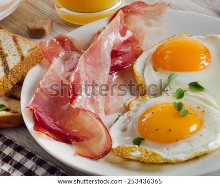 Two fried egg and bacon  for breakfast.