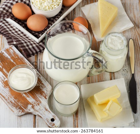 Milk products on  wooden table. Top view