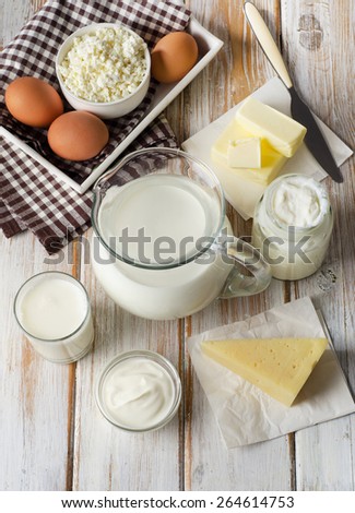 Fresh Milk products on  a wooden background.Top view