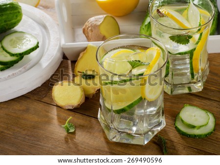 Fresh water with lemon, mint  and cucumber  on a wooden background. Selective focus