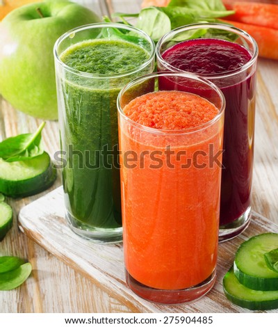 Glasses with fresh vegetable juices . Detox diet.