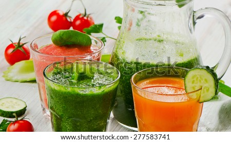 Healthy vegetable smoothie and juice.  Selective focus