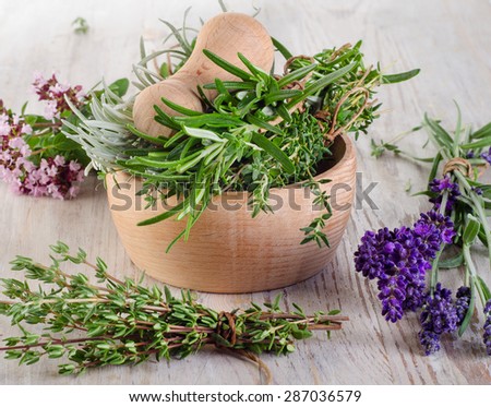 Fresh Herbs and mortar on  a wooden table. Selective focus