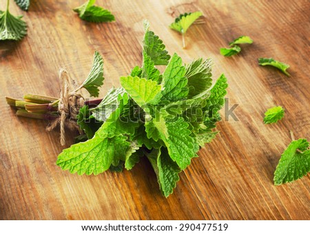 Bunch of Fresh mint leaves on  rustic wooden board. Selective focus