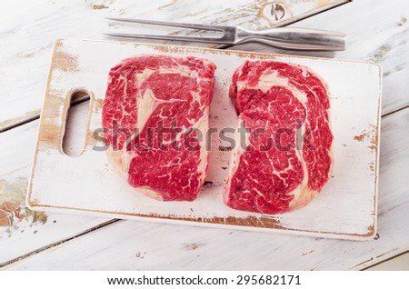 Raw fresh Ribeye Steak. Top view