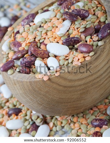 Beans and lentil on a wooden table