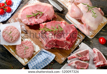 Different types of fresh raw meat with vegetables and herbs on dark wooden background. Top view
