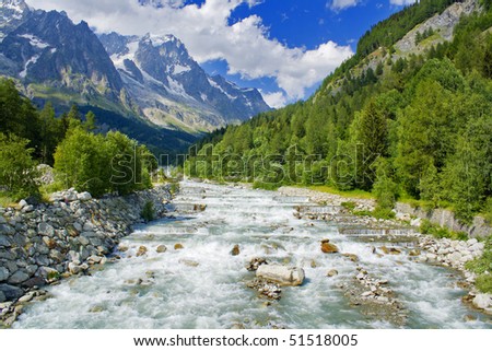 Mountain landscape on alps with beautiful panorama and little river