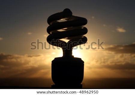 Energy Efficient Light bulb in silhouette, enveloped by blazing sunrise.