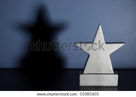 Star shaped trophy and shadow, sitting in a boys blue bedroom awaiting your engraving.