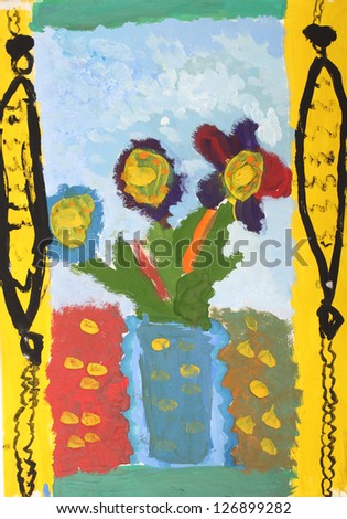 Children's drawing paints: Flowers in a vase on the window
