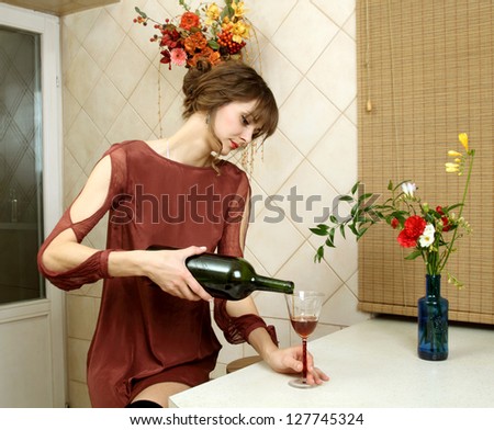 The usual quiet and natural girl with wine at home