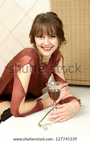 The usual quiet and natural girl with wine at home