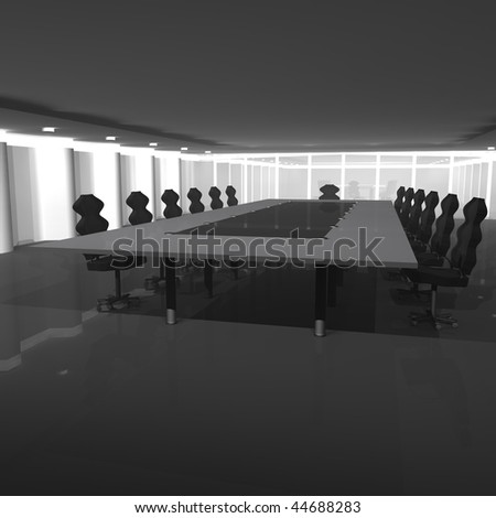 Business meeting room with table and chairs around the center.