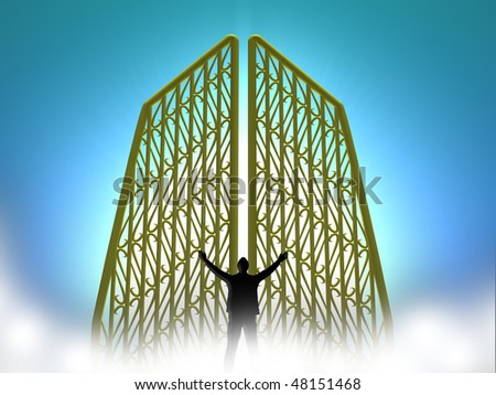 Heavenly golden gates floating in clouds on a enlightened background with silhouette of a man.