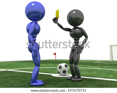 Referee shows a  yellow card to the Player in the background of a football field.