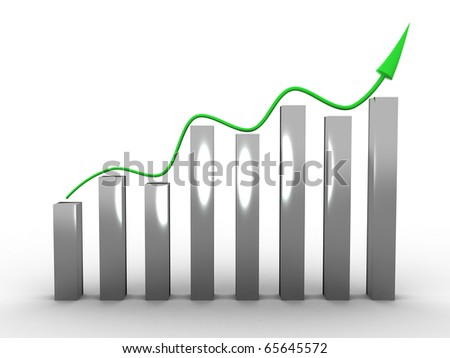 Growth charts from the chrome pillars and green curved arrows on white background
