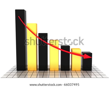 Business schedule. The graph of incidence of the black and yellow cubes and a red arrow on the mirror surface and a white background.