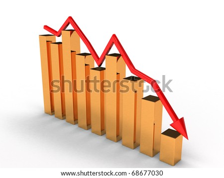 The economic downturn chart of the gold cups and red arrows on white background â??2