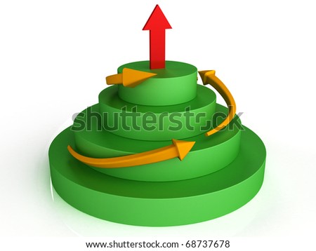 Orange arrows on the green circles at the top of the cylindrical red arrow on the smooth background Ã¢Â?Â?1