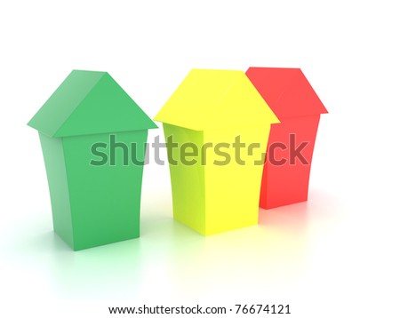 Three toy house made â??â??of green red and yellow plastic on the mirror surface â??1