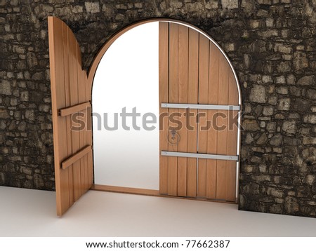 Open wooden doors in the fortress of stone on a white background