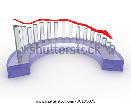 Glass chart crash with a red arrow on a white background