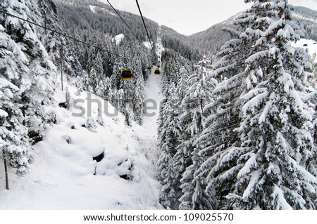 Scenic mountain winter landscape with ski train cables and cabins on top of the Alps