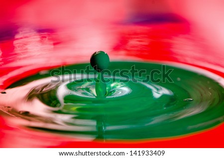 green droplet of liquid paint falling in red paint