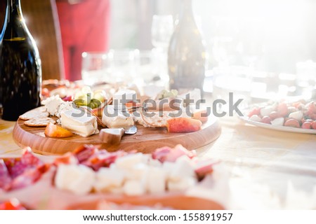 Salami, wine, cheese, prosciutto appetizer with caprese salad and grapes on lunch