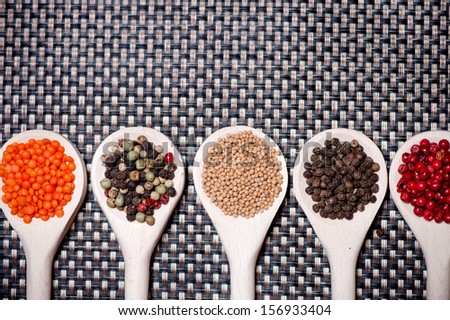 Mix of spicy ingredients for healthy cooking, pepper corns and black pepper