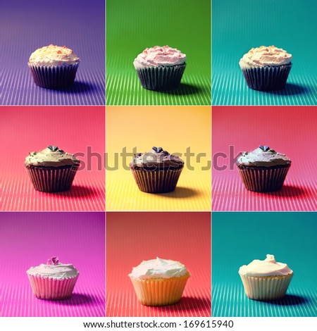 Colorful Collection Or Collage Of Holiday Muffins And Cupcakes. Vanilla, Chocolate And Fruits Flavors And Different Fillings And Toppings
