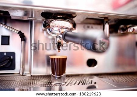 close-up of espresso maker with special coffee in traditional restaurant or bar