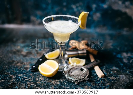 Fancy cocktail with lemons and vodka. Margarita refreshment drink and cocktails