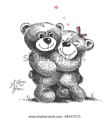 stock vector Couple of hugging teddy bears with small hearts