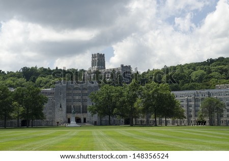 The Military Academy at West Point, New York. Parade grounds in foreground.