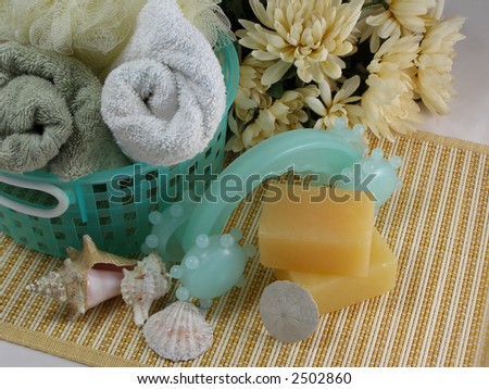 Spa essentials including soap, towels and massage tool