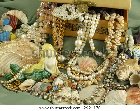 Chest full of jewelry treasures in an underwater theme