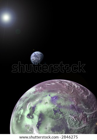 Fantasy world with orbiting moon and distant sun