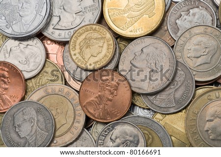 Many old metal coins of different countries of world