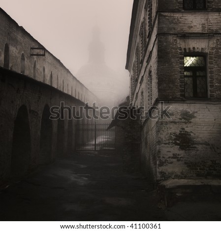 Orthodox architecture in a fog, Wet brick walls