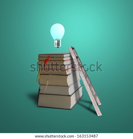 Glowing bulb on top of stack books with ladder in green background