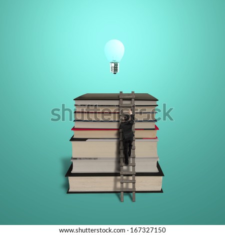 Businessman climbing on stack of books with wooden ladder and growing bulb in green background