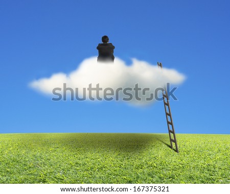 Businessman sitting on cloud with wooden ladder, green meadow and blue sky