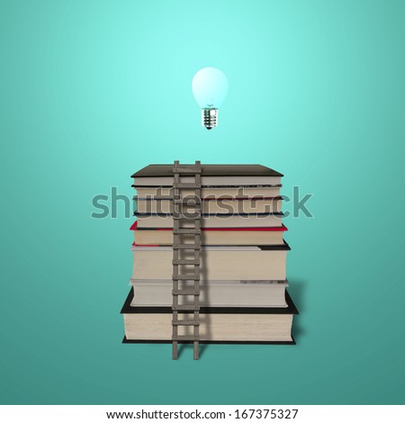 Glowing lamp on top of stack of books with wooden ladder in green background
